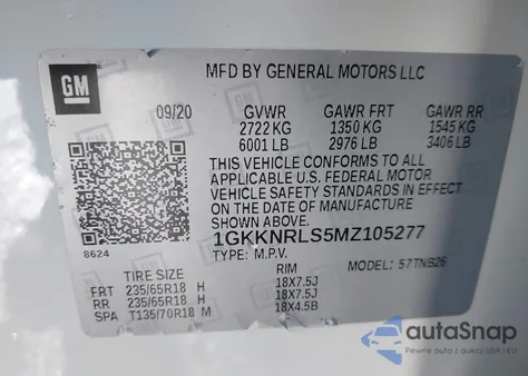 2021 GMC Acadia Awd Sle z USA, uszkodzony, nr VIN 1GKKNRLS5MZ105277